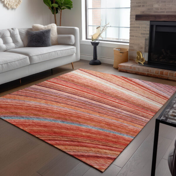 8' X 10' Terra Cotta Salmon And Orange Striped Washable Indoor Outdoor Area Rug