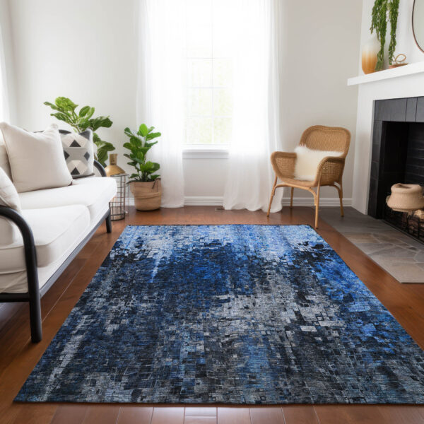 5' X 8' Navy Blue And Denim Blue Abstract Washable Indoor Outdoor Area Rug