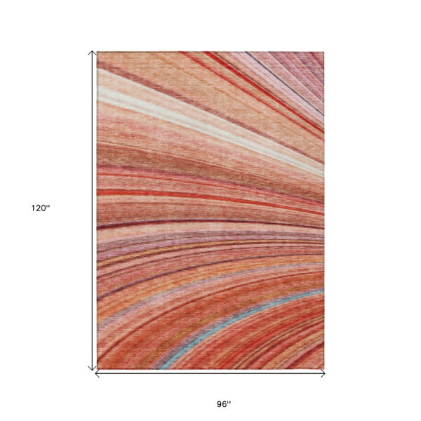 8' X 10' Terra Cotta Salmon And Orange Striped Washable Indoor Outdoor Area Rug