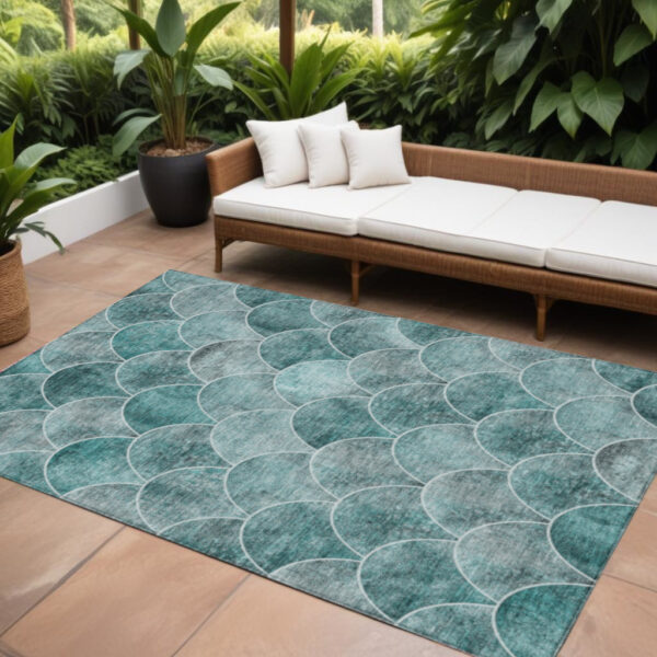 10' X 14' Teal Blue Aqua And Gray Abstract Washable Indoor Outdoor Area Rug