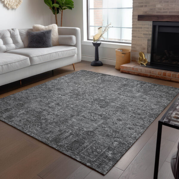 10' X 14' Charcoal And Silver Floral Washable Indoor Outdoor Area Rug