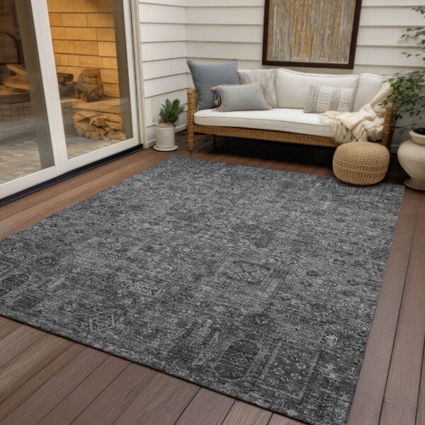 10' X 14' Charcoal And Silver Floral Washable Indoor Outdoor Area Rug