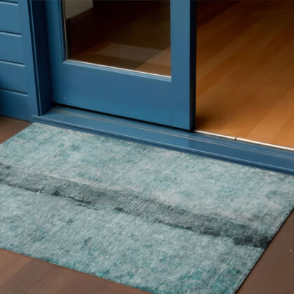 3' X 5' Teal Blue Aqua And Charcoal Abstract Washable Indoor Outdoor Area Rug