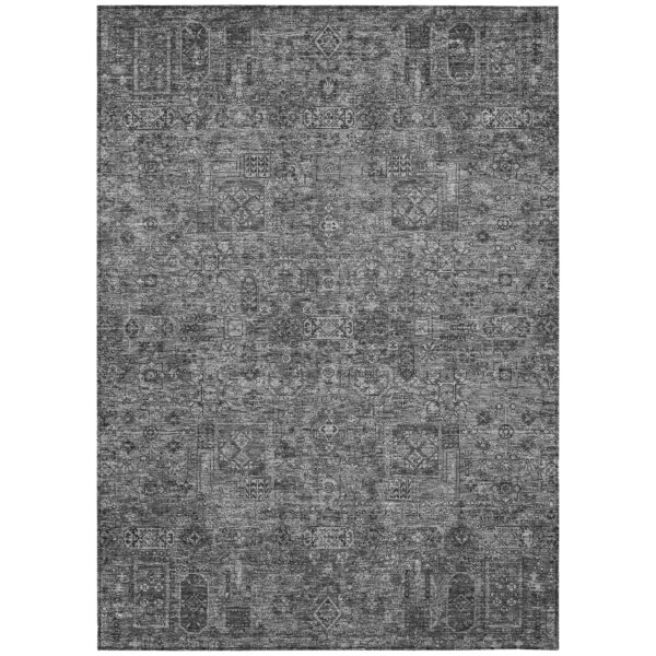 10' X 14' Charcoal And Silver Floral Washable Indoor Outdoor Area Rug