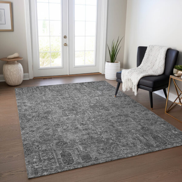 10' X 14' Charcoal And Silver Floral Washable Indoor Outdoor Area Rug