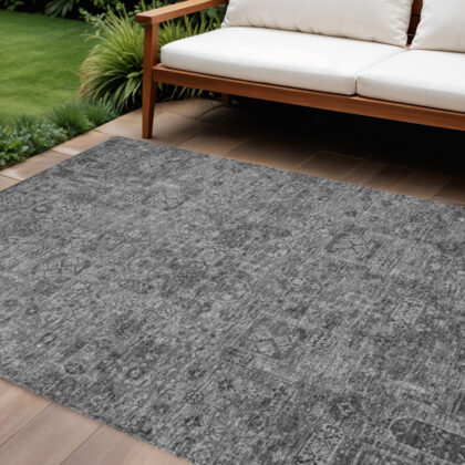 10' X 14' Charcoal And Silver Floral Washable Indoor Outdoor Area Rug