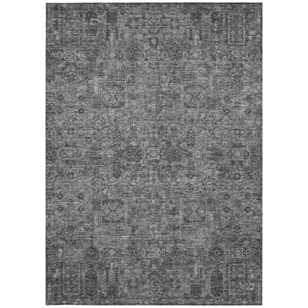 10' X 14' Charcoal And Silver Floral Washable Indoor Outdoor Area Rug