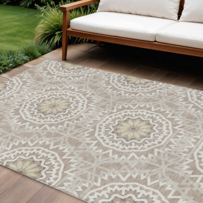 8' X 10' Taupe Khaki And Ivory Floral Medallion Washable Indoor Outdoor Area Rug