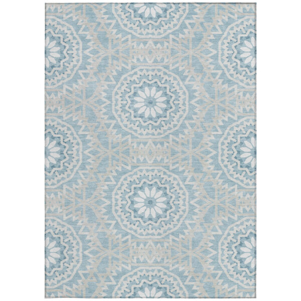 10' X 14' Denim Blue And Ivory Floral Medallion Washable Indoor Outdoor Area Rug