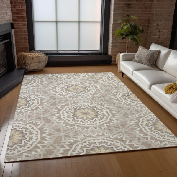 8' X 10' Taupe Khaki And Ivory Floral Medallion Washable Indoor Outdoor Area Rug