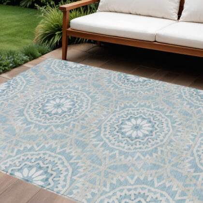 10' X 14' Denim Blue And Ivory Floral Medallion Washable Indoor Outdoor Area Rug