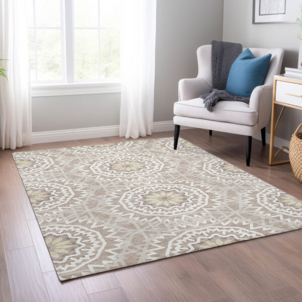 8' X 10' Taupe Khaki And Ivory Floral Medallion Washable Indoor Outdoor Area Rug