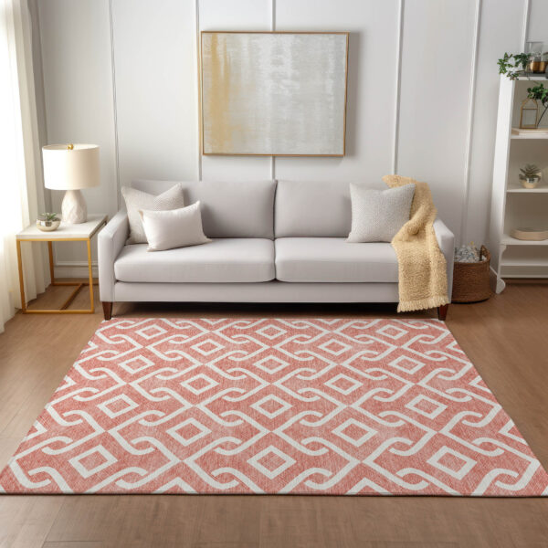 3' X 5' Salmon And Ivory Geometric Washable Indoor Outdoor Area Rug