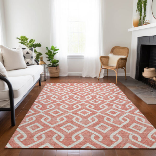 3' X 5' Salmon And Ivory Geometric Washable Indoor Outdoor Area Rug