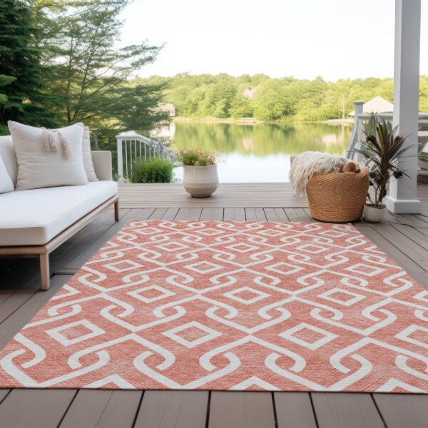 3' X 5' Salmon And Ivory Geometric Washable Indoor Outdoor Area Rug