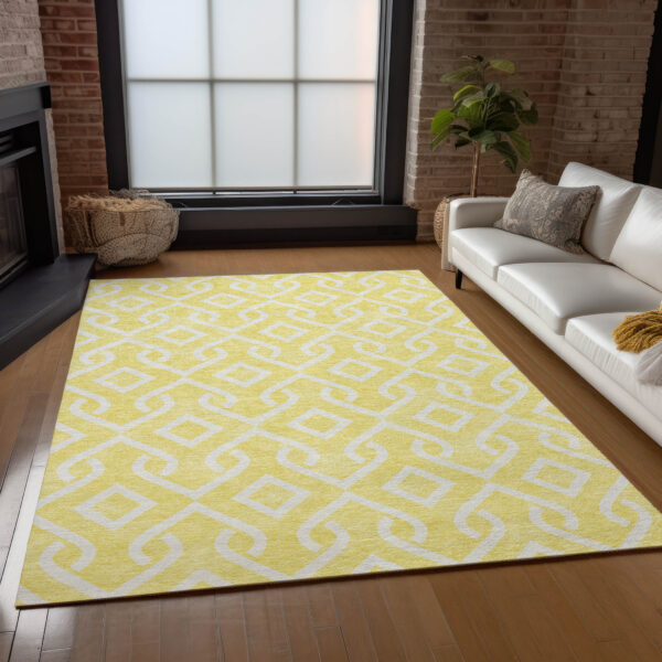 10' X 14' Yellow And Ivory Geometric Washable Indoor Outdoor Area Rug