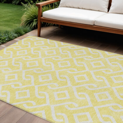 10' X 14' Yellow And Ivory Geometric Washable Indoor Outdoor Area Rug