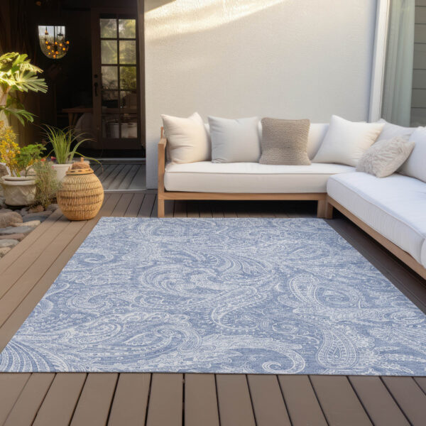 9' X 12' Denim Blue Sky Blue And Ivory Paisley Washable Indoor Outdoor Area Rug