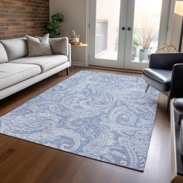9' X 12' Denim Blue Sky Blue And Ivory Paisley Washable Indoor Outdoor Area Rug
