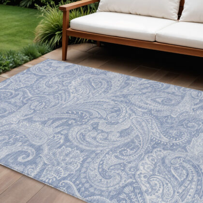 9' X 12' Denim Blue Sky Blue And Ivory Paisley Washable Indoor Outdoor Area Rug
