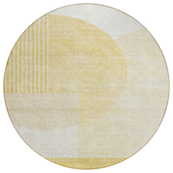 8' Gold Wheat And Ivory Round Geometric Washable Indoor Outdoor Area Rug