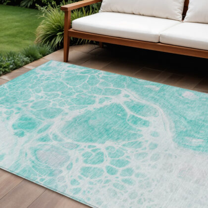 10' X 14' Aqua Teal Blue And Ivory Nautical Washable Indoor Outdoor Area Rug