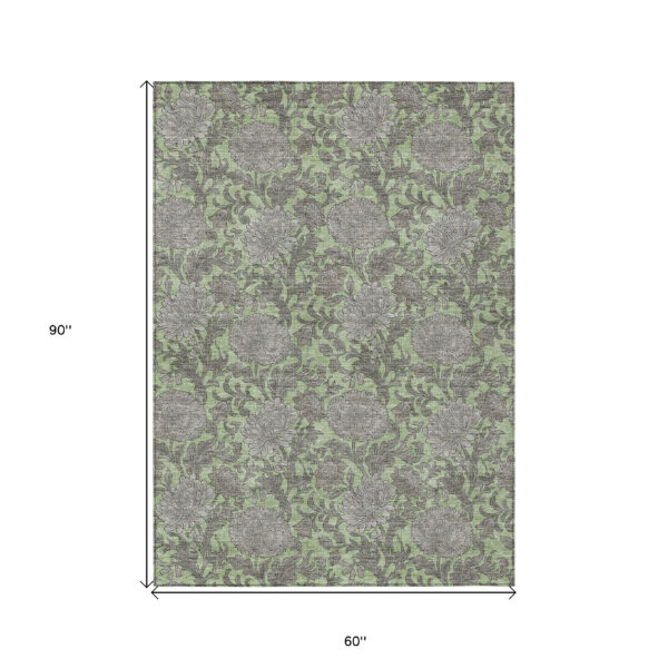5' X 8' Artichoke Green Gray And Taupe Floral Washable Indoor Outdoor Area Rug