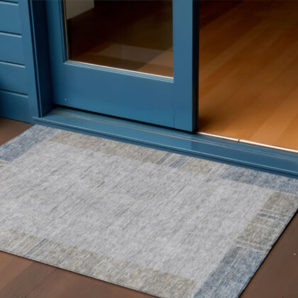 3' X 5' Taupe Beige And Blue Geometric Washable Indoor Outdoor Area Rug