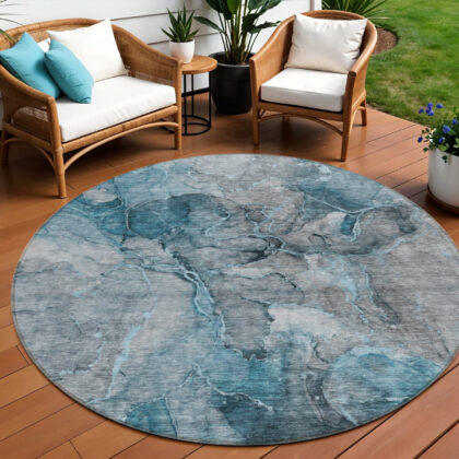 8' Teal Blue And Navy Blue Round Abstract Washable Indoor Outdoor Area Rug