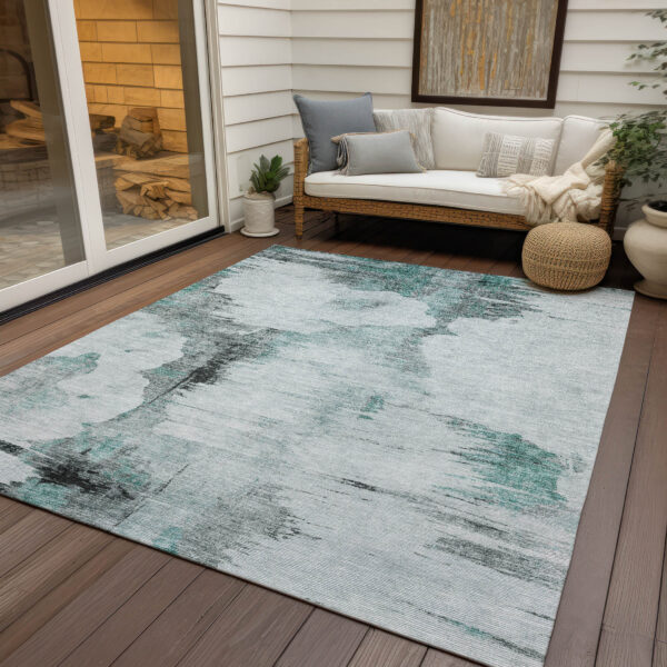 5' X 8' Teal Blue Silver And Gray Abstract Washable Indoor Outdoor Area Rug