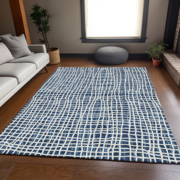 10' X 14' Navy Blue And Ivory Striped Washable Indoor Outdoor Area Rug