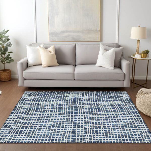 10' X 14' Navy Blue And Ivory Striped Washable Indoor Outdoor Area Rug