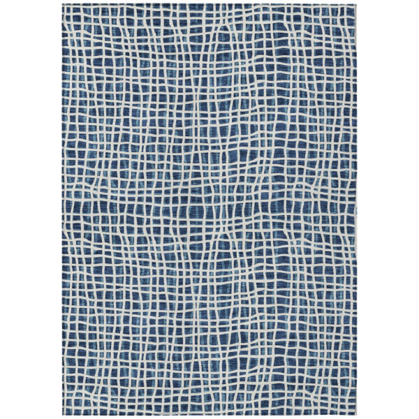 10' X 14' Navy Blue And Ivory Striped Washable Indoor Outdoor Area Rug