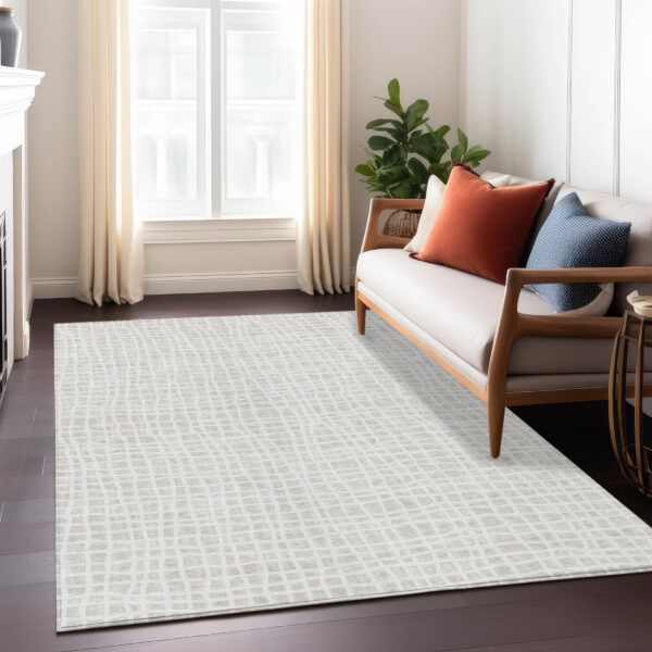 5' X 8' Ivory And Beige Striped Washable Indoor Outdoor Area Rug