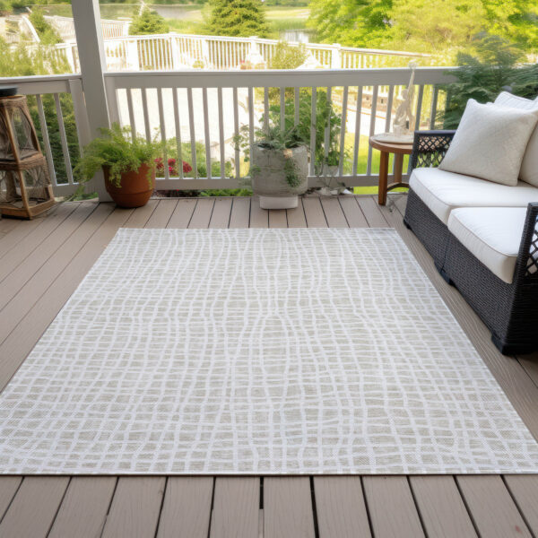 5' X 8' Ivory And Beige Striped Washable Indoor Outdoor Area Rug