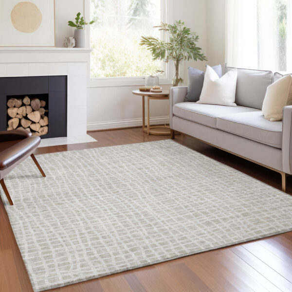 5' X 8' Ivory And Beige Striped Washable Indoor Outdoor Area Rug