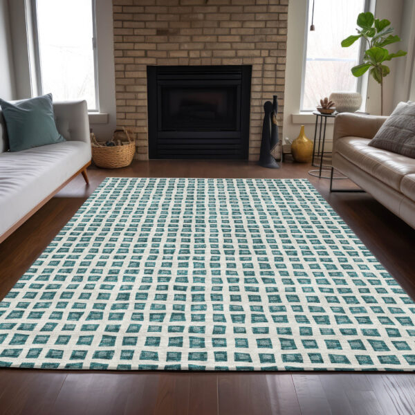 3' X 5' Teal Blue And Ivory Geometric Washable Indoor Outdoor Area Rug