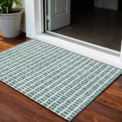3' X 5' Teal Blue And Ivory Geometric Washable Indoor Outdoor Area Rug