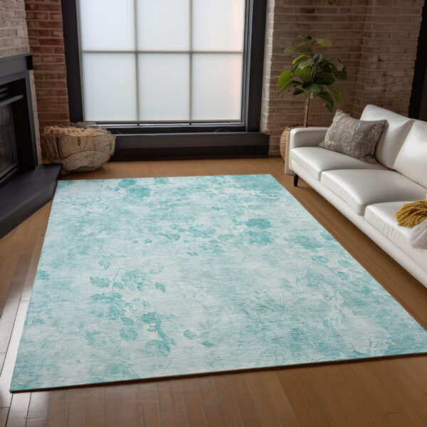 9' X 12' Aqua Teal Blue And Ivory Floral Washable Indoor Outdoor Area Rug