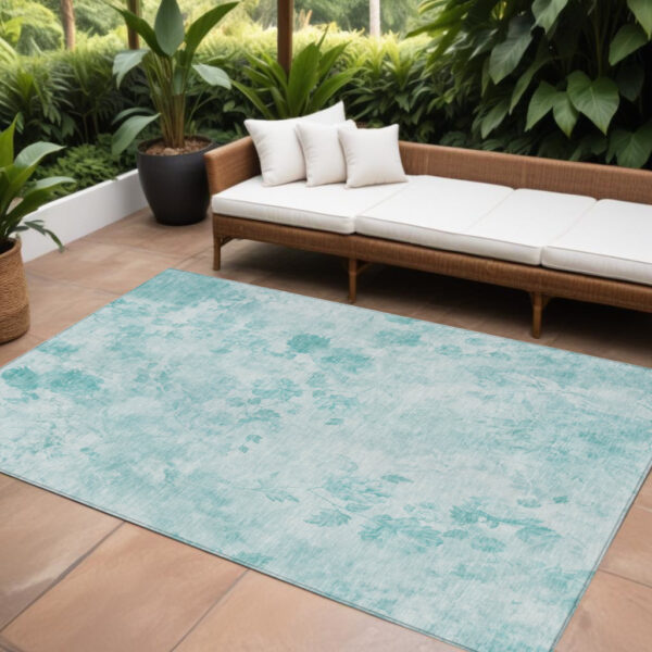 9' X 12' Aqua Teal Blue And Ivory Floral Washable Indoor Outdoor Area Rug