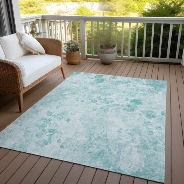 9' X 12' Aqua Teal Blue And Ivory Floral Washable Indoor Outdoor Area Rug