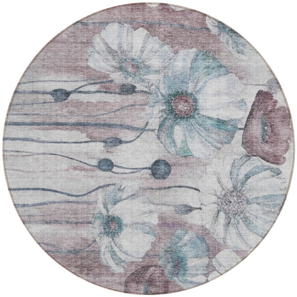 8' Teal Blue Aqua And Ivory Round Floral Washable Indoor Outdoor Area Rug