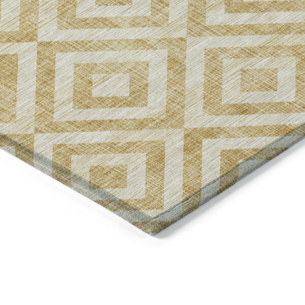 8' Gold Beige And Ivory Round Geometric Washable Indoor Outdoor Area Rug