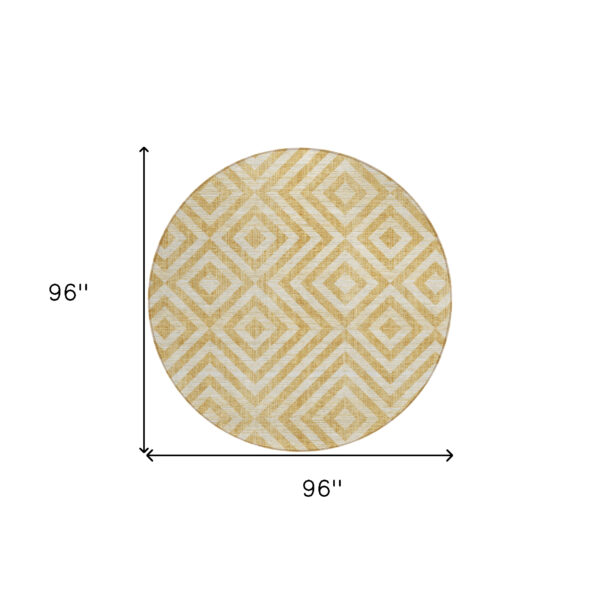 8' Gold Beige And Ivory Round Geometric Washable Indoor Outdoor Area Rug
