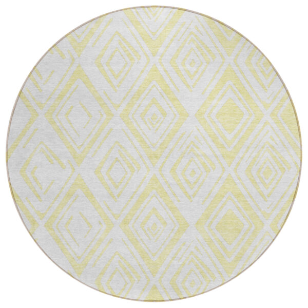 8' Yellow And Ivory Round Geometric Washable Indoor Outdoor Area Rug