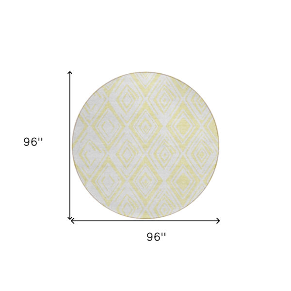 8' Yellow And Ivory Round Geometric Washable Indoor Outdoor Area Rug