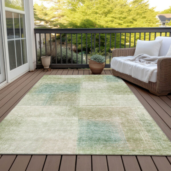 3' X 5' Artichoke Green And Beige Abstract Washable Indoor Outdoor Area Rug