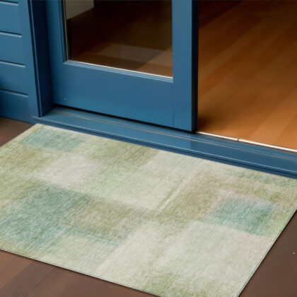 3' X 5' Artichoke Green And Beige Abstract Washable Indoor Outdoor Area Rug