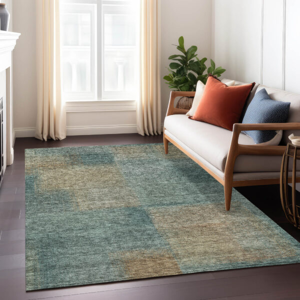 8' X 10' Teal Blue Brown And Taupe Abstract Washable Indoor Outdoor Area Rug