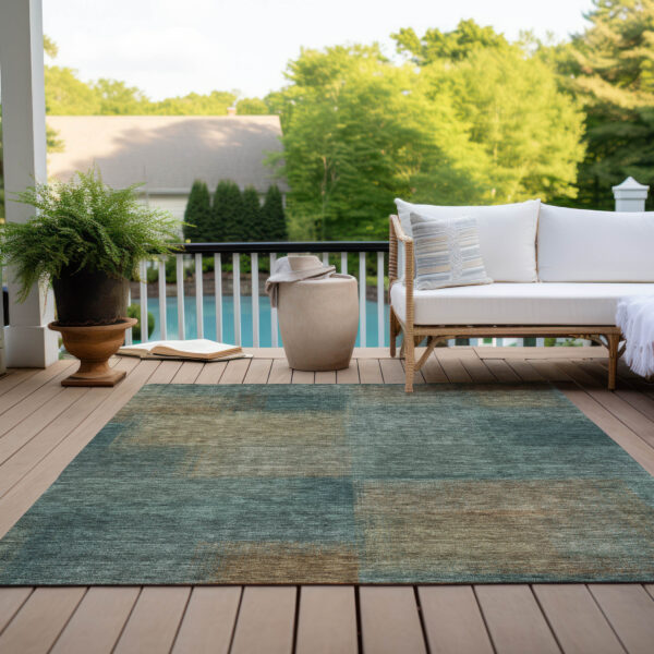 8' X 10' Teal Blue Brown And Taupe Abstract Washable Indoor Outdoor Area Rug
